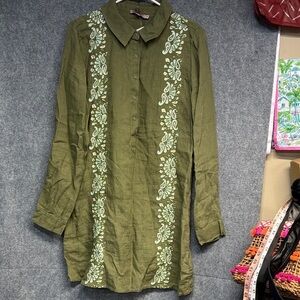 Calypso St. Barth Olive Green Linen embroidered and beaded collard dress M